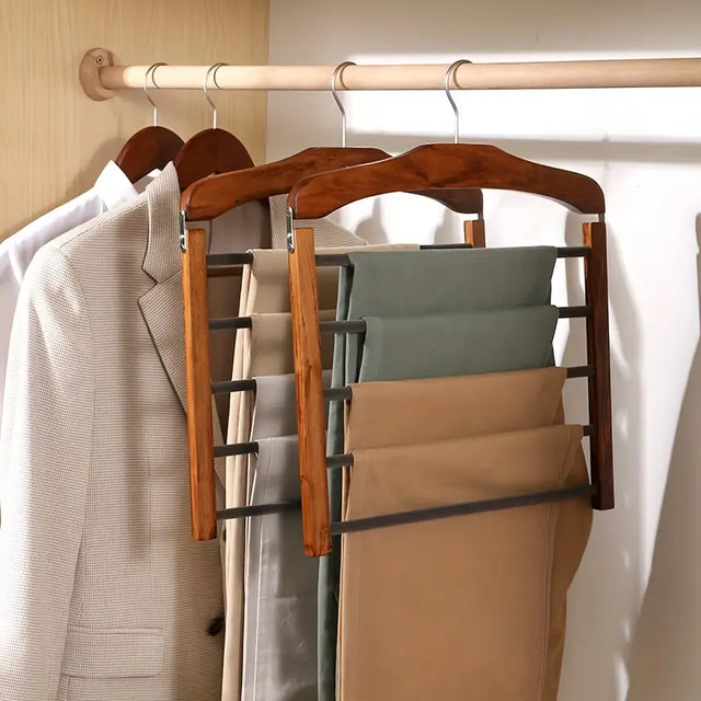 Space-saving wooden multi-pants hanger