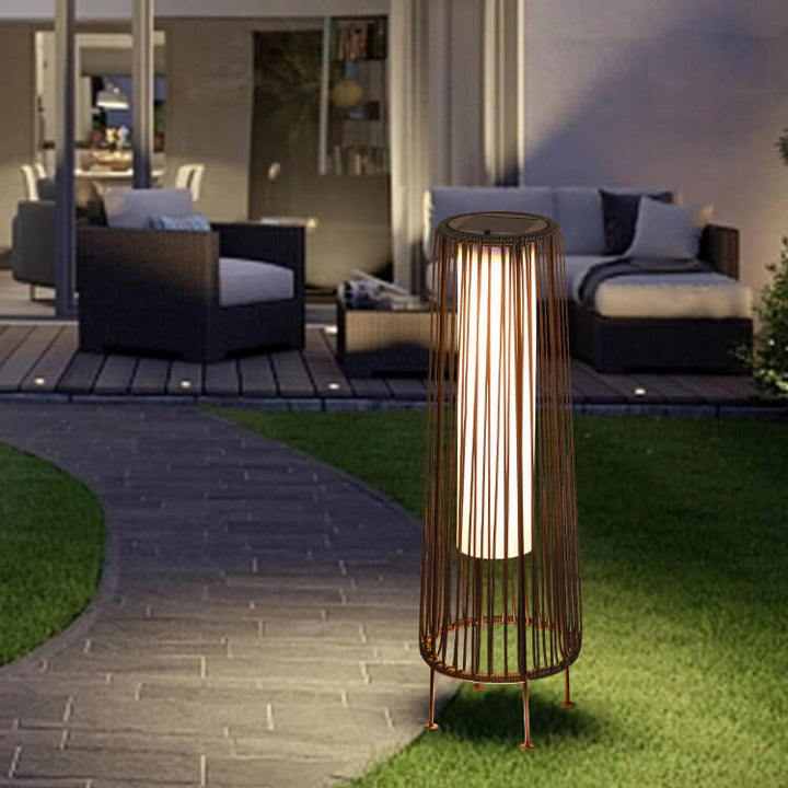 Modern Minimalist Solar Waterproof Round Vertical Pull Strip Iron Rattan LED Standing Floor Lamp For Outdoor Patio |