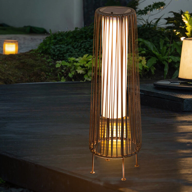 Modern Minimalist Solar Waterproof Round Vertical Pull Strip Iron Rattan LED Standing Floor Lamp For Outdoor Patio |