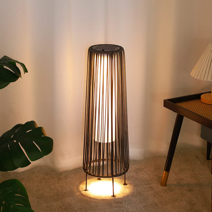 Modern Minimalist Solar Waterproof Round Vertical Pull Strip Iron Rattan LED Standing Floor Lamp For Outdoor Patio |