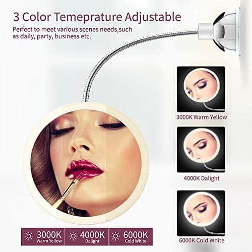 Makeup mirror with LED &amp;amp; magnification - with suction cup and flexible arm |
