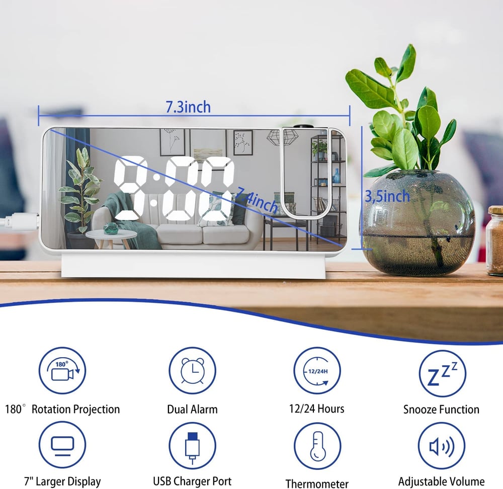 Projection Alarm Clock | LED Display with Mirror Surface | Dual Alarms &amp; Temperature | 19cm