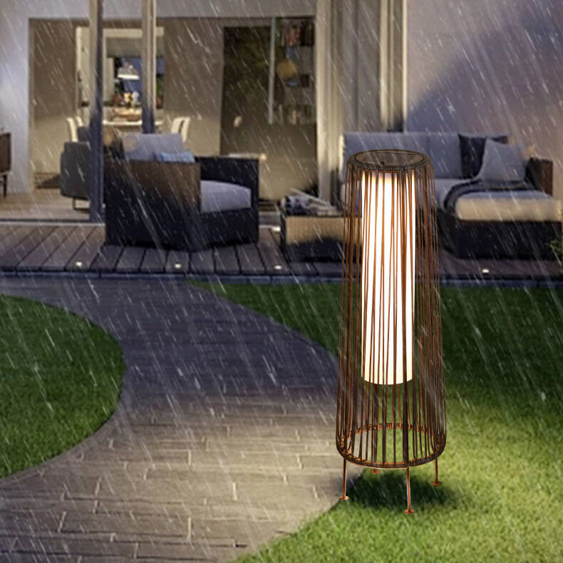 Modern Minimalist Solar Waterproof Round Vertical Pull Strip Iron Rattan LED Standing Floor Lamp For Outdoor Patio |