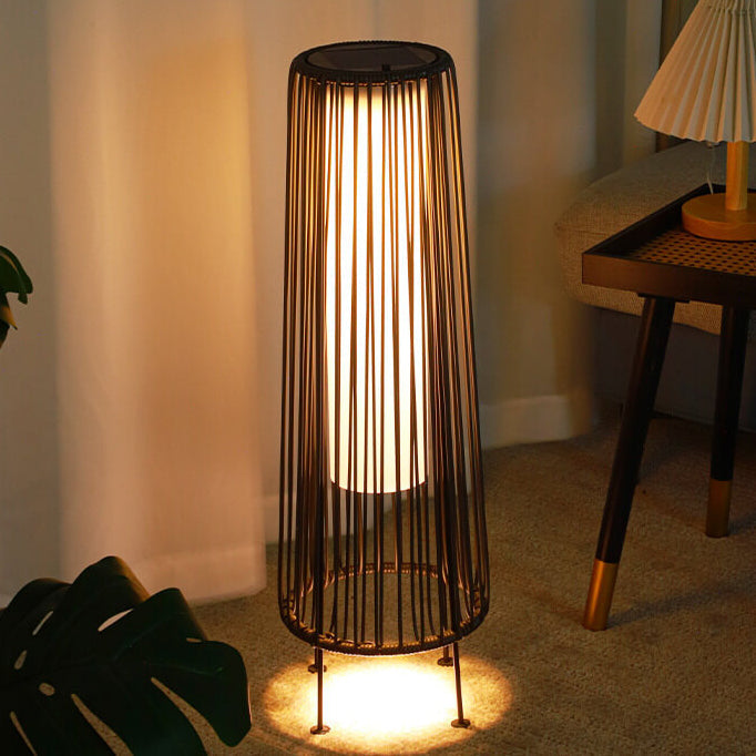 Modern Minimalist Solar Waterproof Round Vertical Pull Strip Iron Rattan LED Standing Floor Lamp For Outdoor Patio |