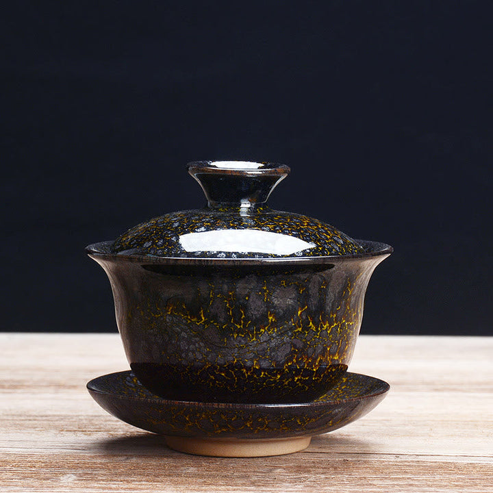 Vintage Kiln Ceramic Gaiwan Sancai Tea Cup Tea Cup and Saucer with Lid