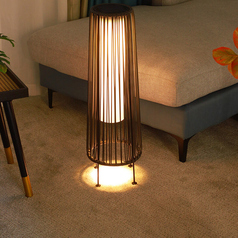 Modern Minimalist Solar Waterproof Round Vertical Pull Strip Iron Rattan LED Standing Floor Lamp For Outdoor Patio |