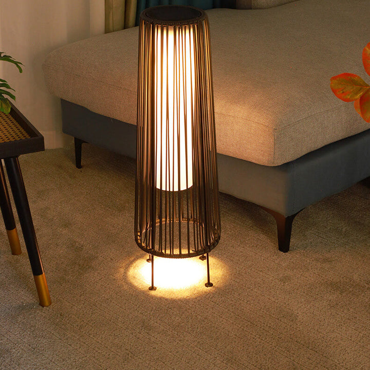 Modern Minimalist Solar Waterproof Round Vertical Pull Strip Iron Rattan LED Standing Floor Lamp For Outdoor Patio |