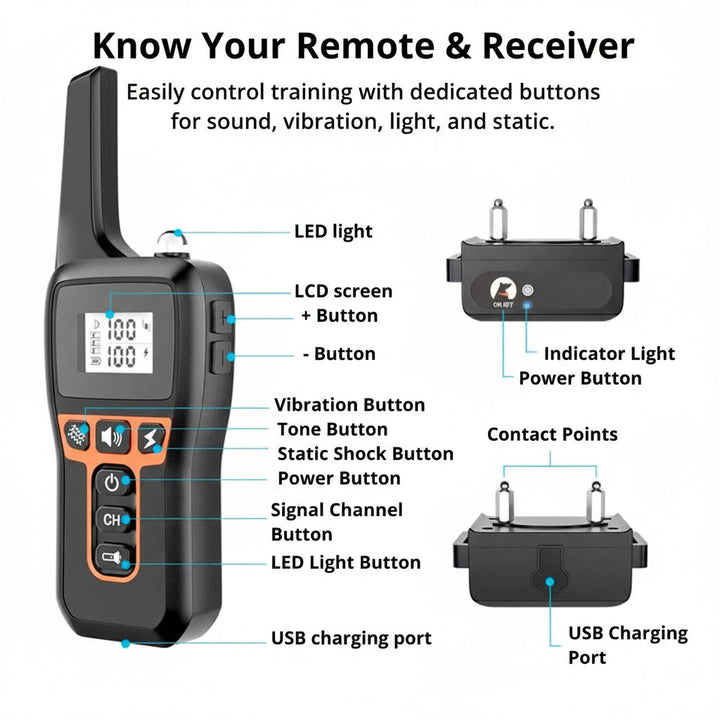 1000m Waterproof Dog Training Collar | Rechargeable, Remote Control &amp; Adjustable for Small, Medium, and Large Dogs