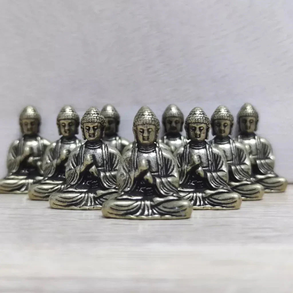 10 piece Miniature Brass Sitting Buddha Statue Figure for Travel Buddhism Worship Home Office Desk Decoration