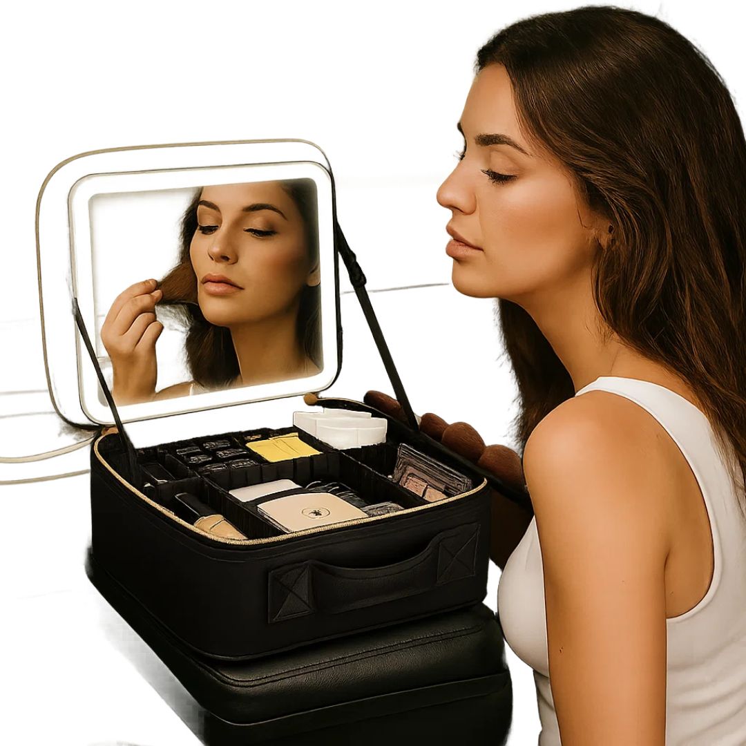 GlamOrganize | Makeup &amp; Toiletry Bag - Cosmetic Organiser - LED Mirror - Compact Storage for Makeup and Skincare - Travel-Friendly