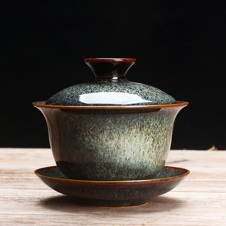 Vintage Kiln Ceramic Gaiwan Sancai Tea Cup Tea Cup and Saucer with Lid