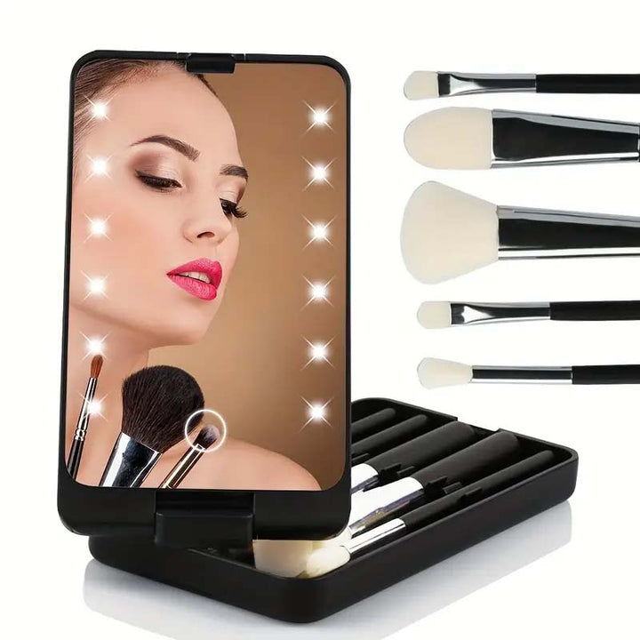 Travel makeup brush set with LED light mirror