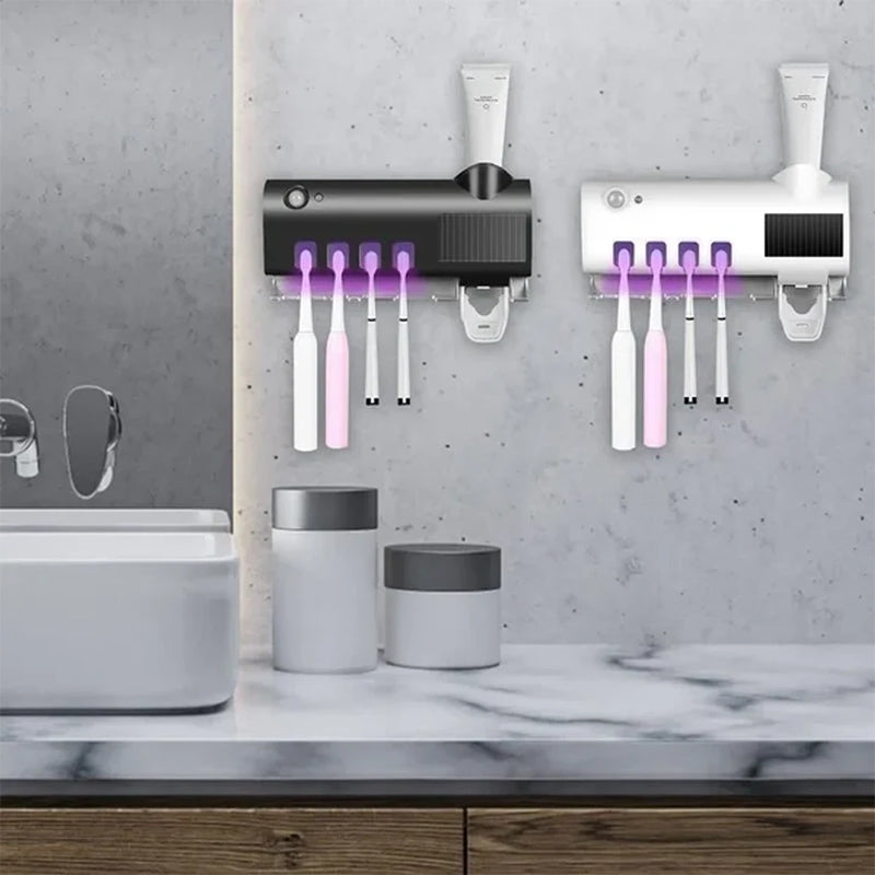 Smart UV Light Sterilizer Toothbrush Holder, Wall Mounted Toothpaste Dispenser