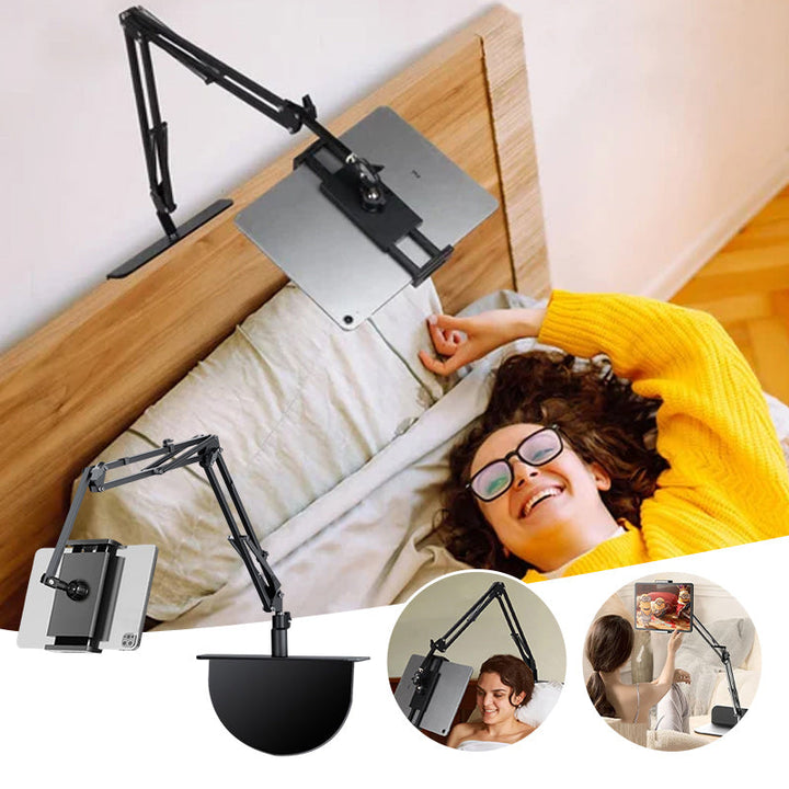 Extendable, concealed phone/tablet holder at the bed