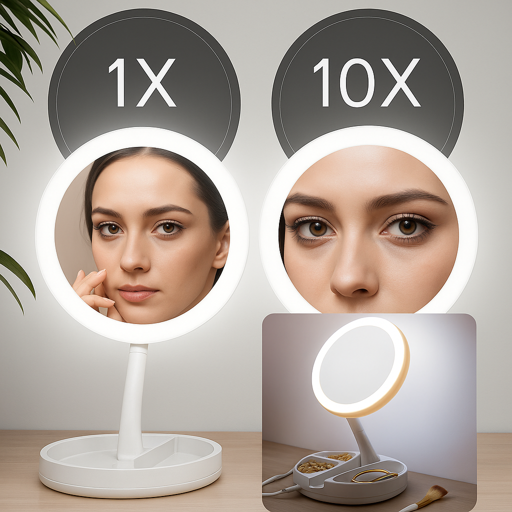 Sided Magnifying Mirror – LED Illumination – 10× Magnification – Makeup &amp; Tweezing