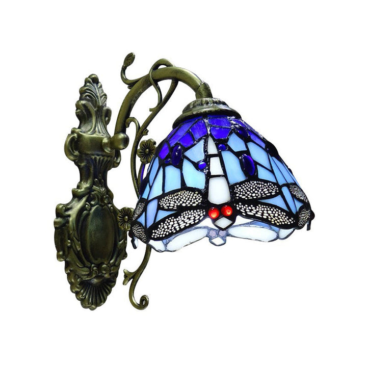 Hand-cut Glass Dragonfly Wall Lamp Tiffany Style 1 Light Wall Mounted Light Fixture with Carved Backplate