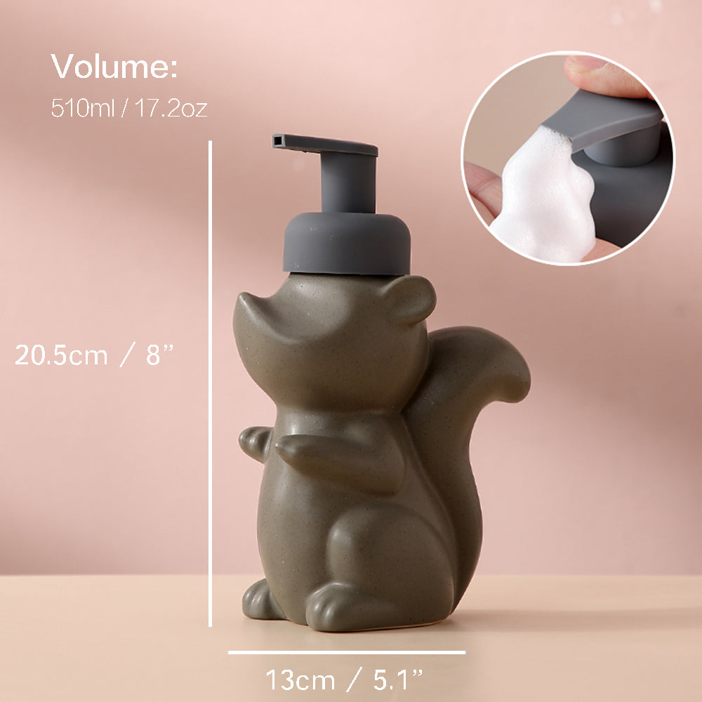 Ceramic Soap Dispenser, Squirrel Foam Pump Bathroom Bottle, Animal Design, Refillable Reusable Lotion Pump for Bathroom Kitchen, 510ml/17.2oz