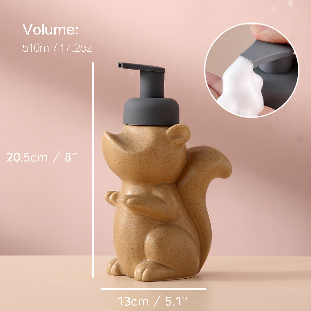 Ceramic Soap Dispenser, Squirrel Foam Pump Bathroom Bottle, Animal Design, Refillable Reusable Lotion Pump for Bathroom Kitchen, 510ml/17.2oz