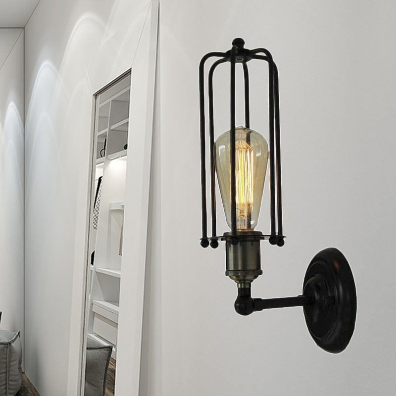 1 Head floor lamp Vintage industrial tube cage shading metal mini wall light fixture in black for corridor