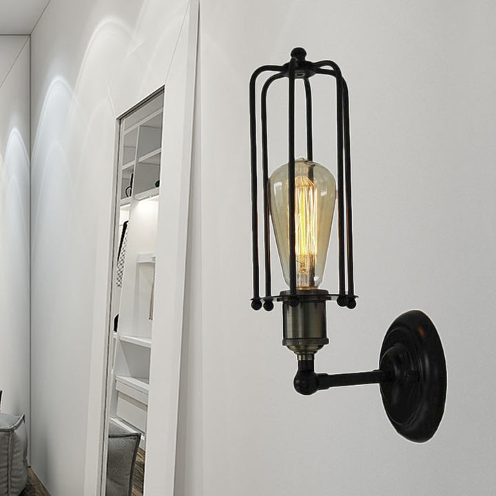 1 Head floor lamp Vintage industrial tube cage shading metal mini wall light fixture in black for corridor