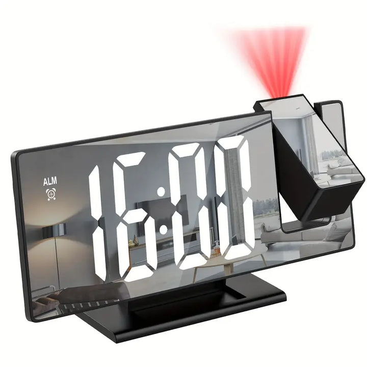 180° Adjustable LED Projection Alarm Clock – Snooze, 12/24H Time &amp; Temperature Display, Mirror Design – USB Powered, Night Mode &amp; Memory Function