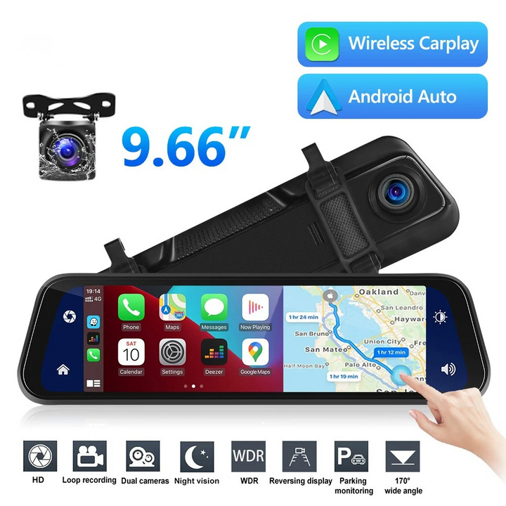 VisionMirror Pro – Ultra HD Mirror Dash Cam with Wireless CarPlay &amp; Android Auto