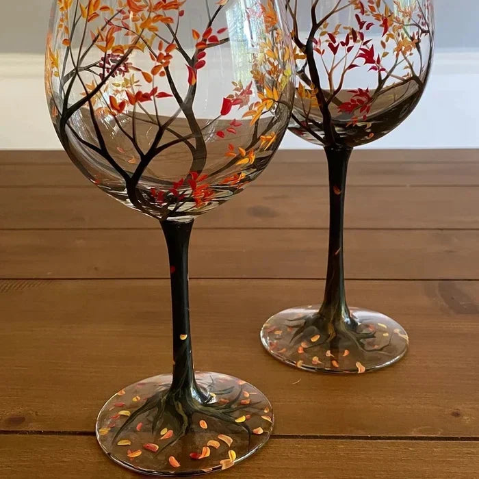 Hand Painted Four Seasons Tree Wine Glasses | Unique Art