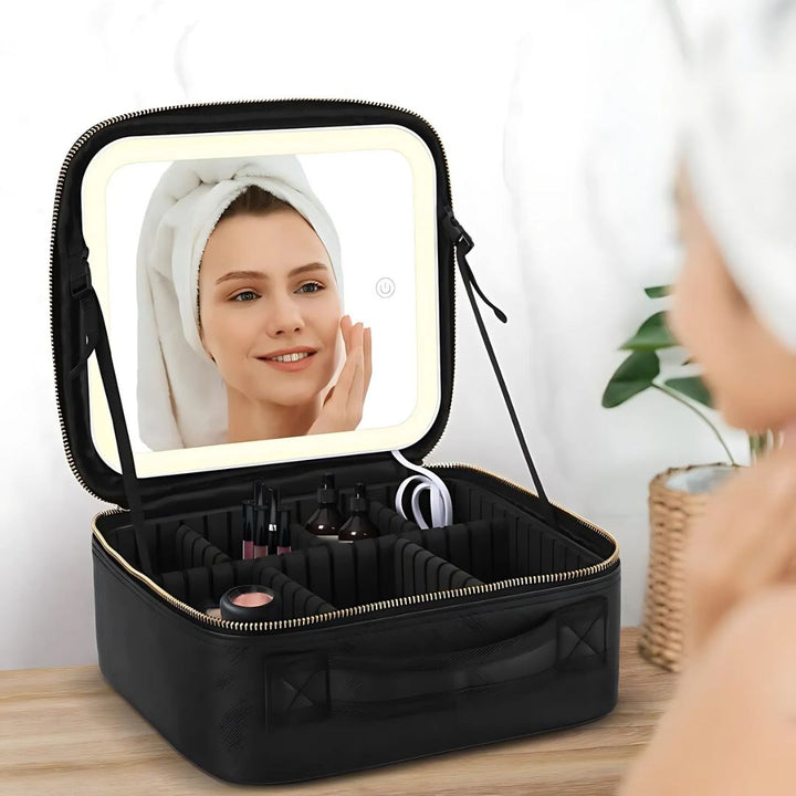 GlamOrganize | Makeup &amp; Toiletry Bag - Cosmetic Organiser - LED Mirror - Compact Storage for Makeup and Skincare - Travel-Friendly