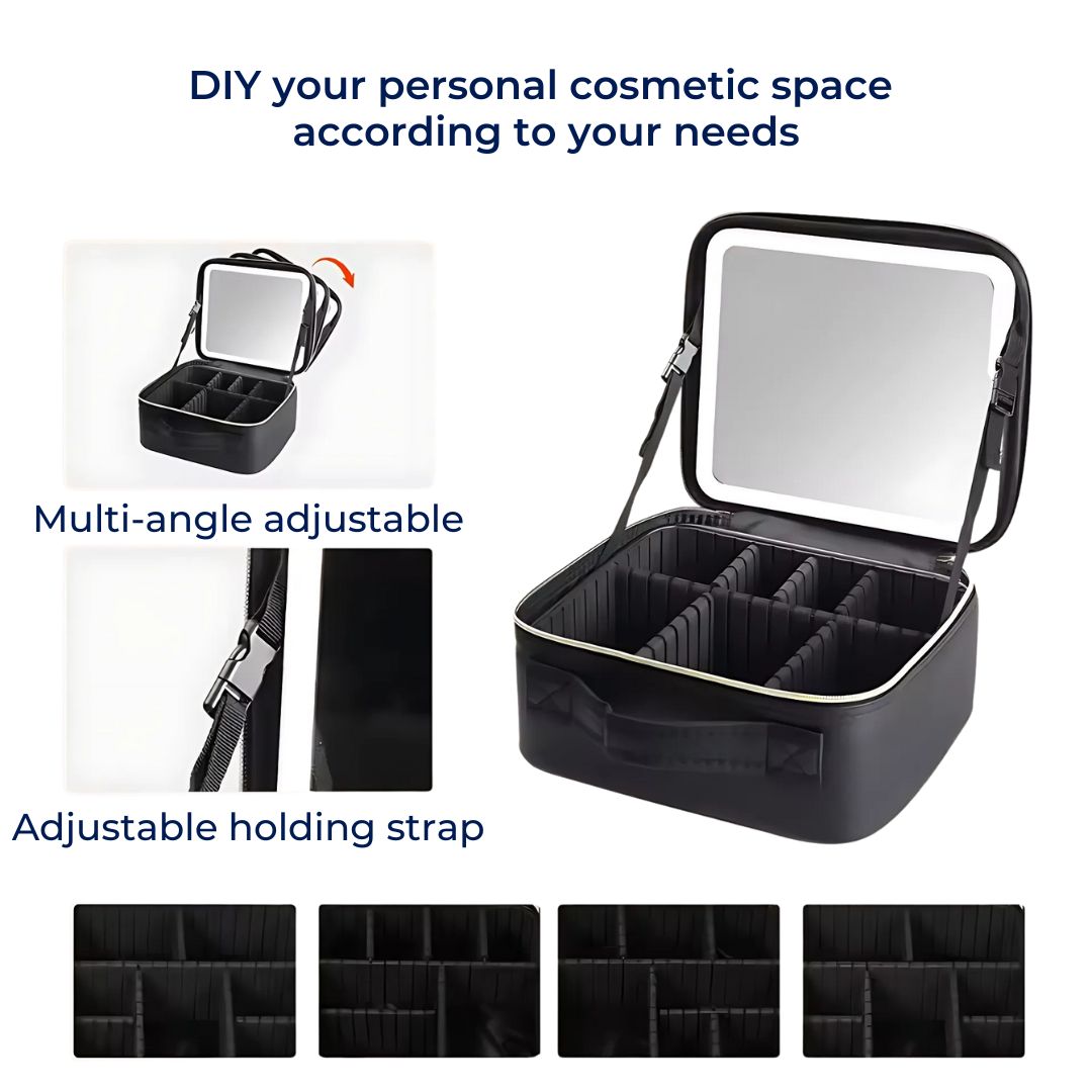 GlamOrganize | Makeup &amp; Toiletry Bag - Cosmetic Organiser - LED Mirror - Compact Storage for Makeup and Skincare - Travel-Friendly