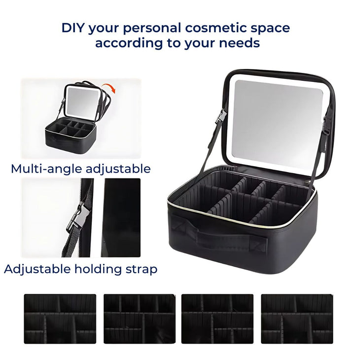 GlamOrganize | Makeup &amp; Toiletry Bag - Cosmetic Organiser - LED Mirror - Compact Storage for Makeup and Skincare - Travel-Friendly