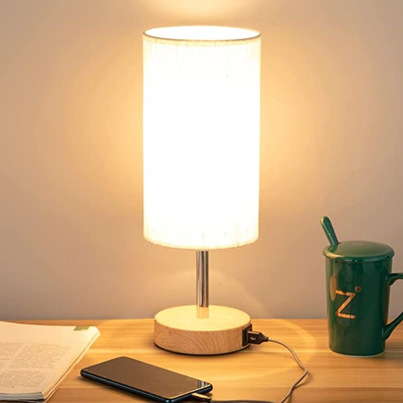Lamp with USB connection Touch-Control Table Lamp for Bedroom Wood 3-stage dimmable Bedside Lamp with Round Linen Fabric Shade for Living Room, Student Dorm, Home Office
