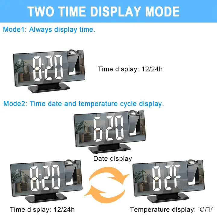 180° Adjustable LED Projection Alarm Clock – Snooze, 12/24H Time &amp; Temperature Display, Mirror Design – USB Powered, Night Mode &amp; Memory Function
