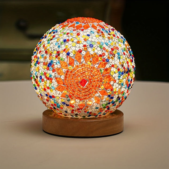 Mosaic glass ball table lamp with wooden base - Turkish Moroccan inspired