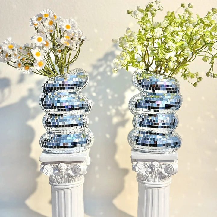 Mirror-clad disco vase with retro charm and modern flair