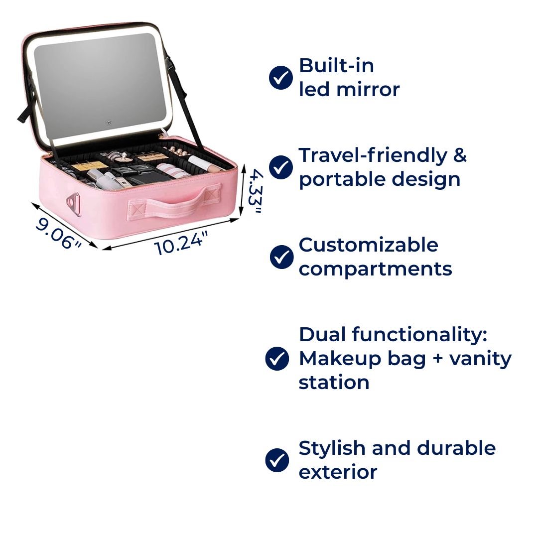GlamOrganize | Makeup &amp; Toiletry Bag - Cosmetic Organiser - LED Mirror - Compact Storage for Makeup and Skincare - Travel-Friendly