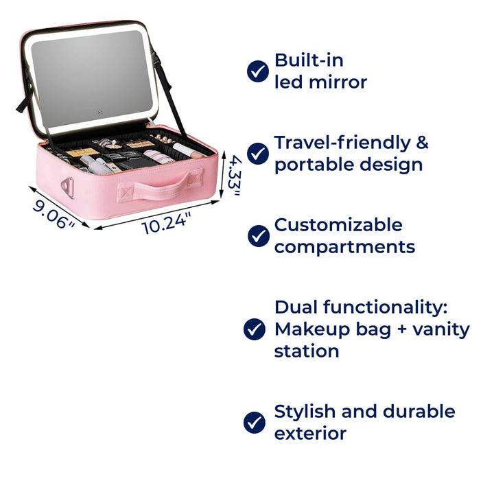 GlamOrganize | Makeup &amp; Toiletry Bag - Cosmetic Organiser - LED Mirror - Compact Storage for Makeup and Skincare - Travel-Friendly