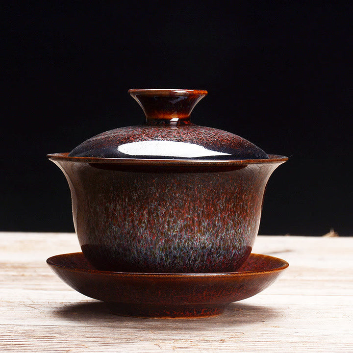 Vintage Kiln Ceramic Gaiwan Sancai Tea Cup Tea Cup and Saucer with Lid