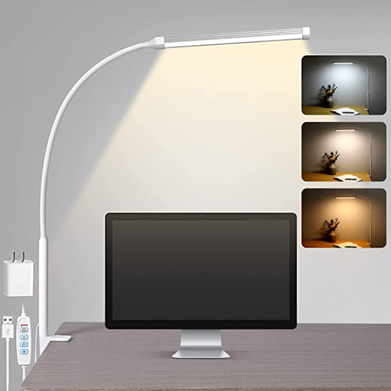 LED Desk Lamp with Lamp, eye-friendly Clip-On Lights for the Home Office, 3 Modes 10 Brightness Levels, long flexible Gooseneck, Metal, Swing Arm Architect Task Desk Lamps with USB Adapter, White