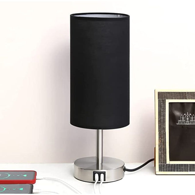 Lamp with USB connection Touch-Control Table Lamp for Bedroom Wood 3-stage dimmable Bedside Lamp with Round Linen Fabric Shade for Living Room, Student Dorm, Home Office
