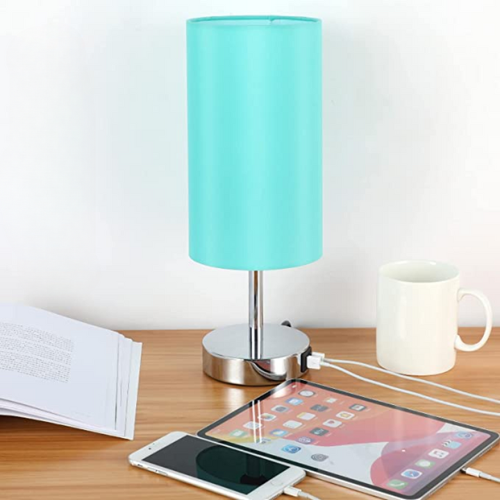 Lamp with USB connection Touch-Control Table Lamp for Bedroom Wood 3-stage dimmable Bedside Lamp with Round Linen Fabric Shade for Living Room, Student Dorm, Home Office