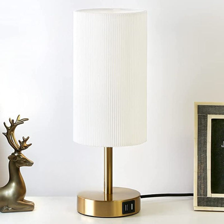 Lamp with USB connection Touch-Control Table Lamp for Bedroom Wood 3-stage dimmable Bedside Lamp with Round Linen Fabric Shade for Living Room, Student Dorm, Home Office