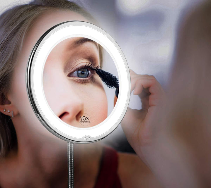 Claravue LED Magnifying Mirror with Flexible Gooseneck – 10x Zoom, Daylight LEDs &amp; Suction Mount