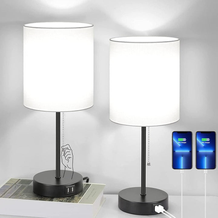 Table lamp set of 2 with USB charging ports, grey bedside lamps with AC outlet, bedside lamps with pull switch, minimalist modern desk lamps with fabric shade for living room bedroom office