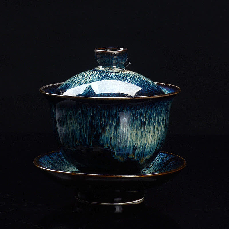Vintage Kiln Ceramic Gaiwan Sancai Tea Cup Tea Cup and Saucer with Lid