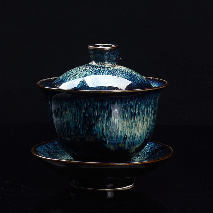 Vintage Kiln Ceramic Gaiwan Sancai Tea Cup Tea Cup and Saucer with Lid