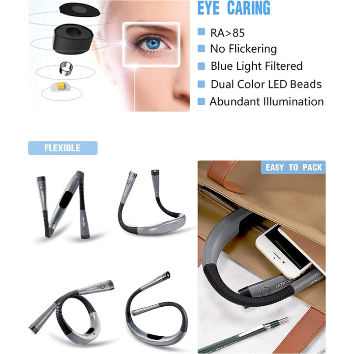 LED Neck Reading Lamp, Book Light for Reading in Bed, 3 colours, 6 Brightness Levels, Flexible Arm, Rechargeable, Durable, Perfect for Reading, Knitting, Camping, Repairing