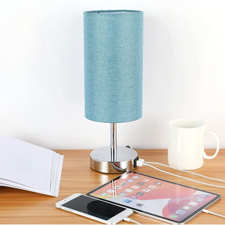 Lamp with USB connection Touch-Control Table Lamp for Bedroom Wood 3-stage dimmable Bedside Lamp with Round Linen Fabric Shade for Living Room, Student Dorm, Home Office