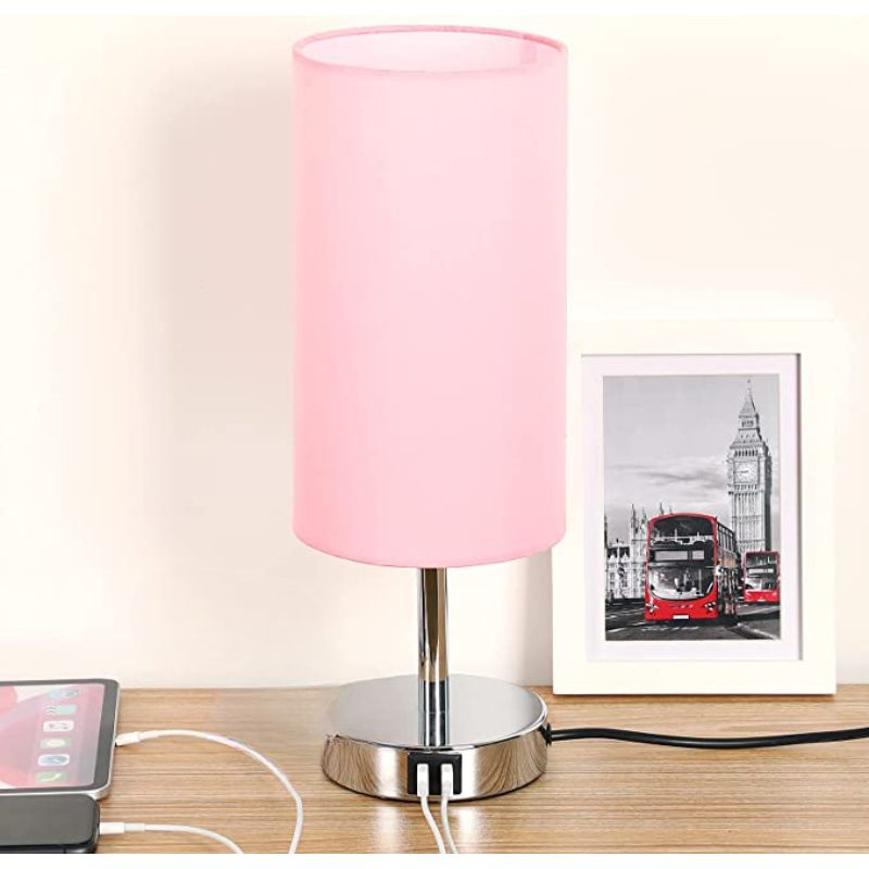 Lamp with USB connection Touch-Control Table Lamp for Bedroom Wood 3-stage dimmable Bedside Lamp with Round Linen Fabric Shade for Living Room, Student Dorm, Home Office