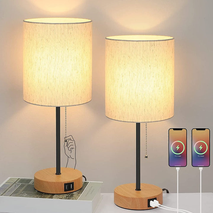 Table lamp set of 2 with USB charging ports, grey bedside lamps with AC outlet, bedside lamps with pull switch, minimalist modern desk lamps with fabric shade for living room bedroom office