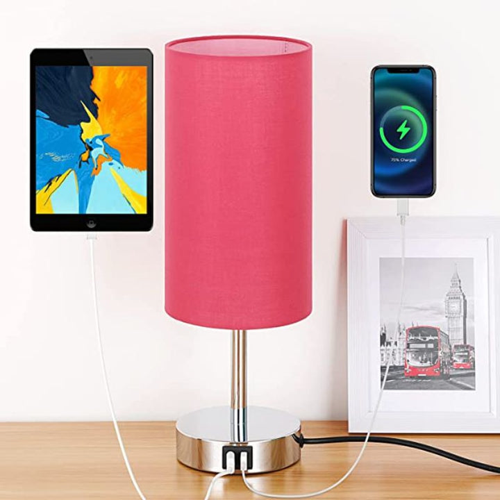 Lamp with USB connection Touch-Control Table Lamp for Bedroom Wood 3-stage dimmable Bedside Lamp with Round Linen Fabric Shade for Living Room, Student Dorm, Home Office